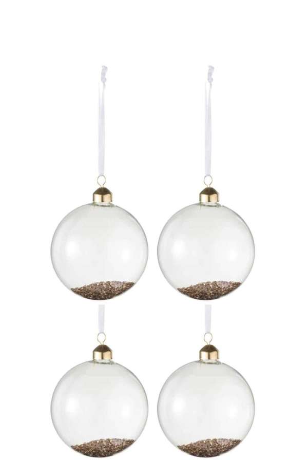 BOX OF 4 CHRISTMAS BAUBLES DECO GLASS CLEAR/GOLD MEDIUM