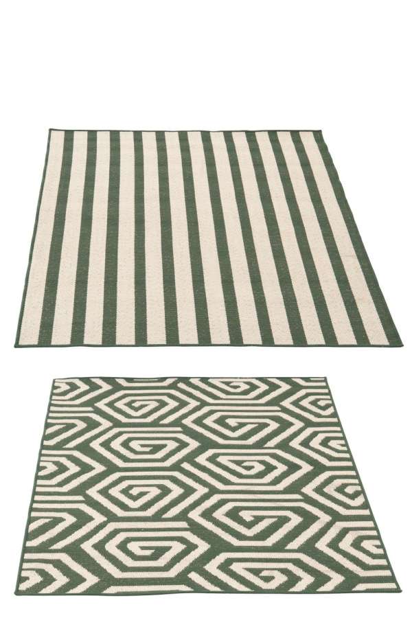 RUG OUTDOOR STRIPES + SPIRALS POLYPROPYLENE DARK GREEN/WHITE ASSORTMENT OF 2