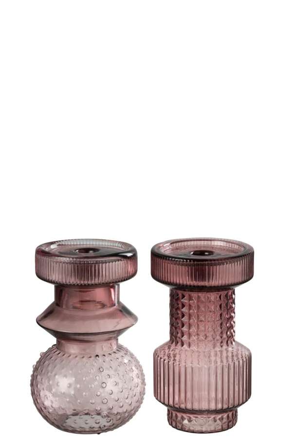 CANDLE HOLDER GEOMETRIC GLASS PINK ASSORTMENT OF 2