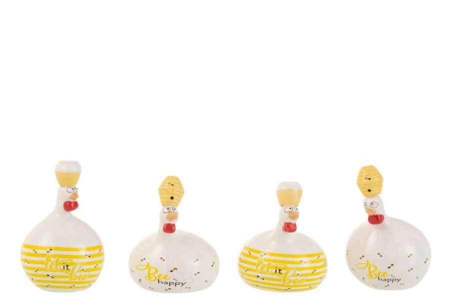 CHICKEN BEE HAPPY/HONEY CERAMIC WHITE/YELLOW SMALL ASSORTMENT OF 4