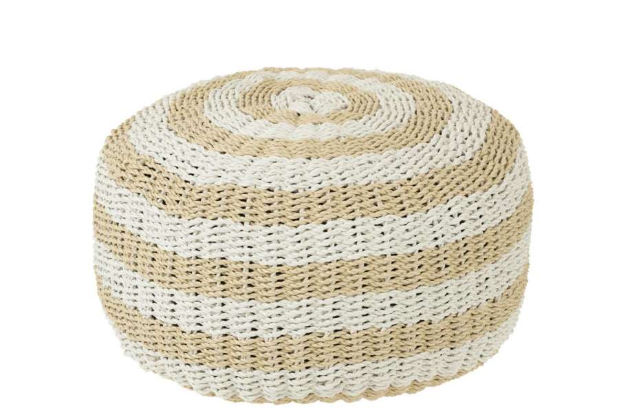POUF ROUND STRIPES WOVEN PLASTIC WHITE/NATURAL