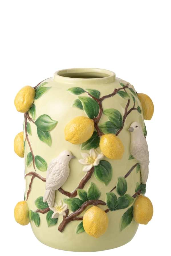 VASE BIRD/LEMONS CERAMIC GREEN/YELLOW SMALL
