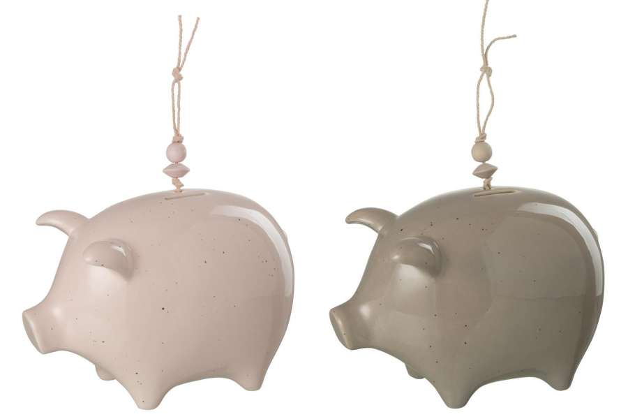 MONEYBOX PIG CERAMIC GREY/PINK LARGE ASSORTMENT OF 2