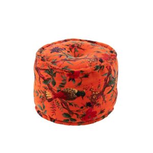 POUF ROUND BIRDS/FLOWERS COTTON VELVET ORANGE