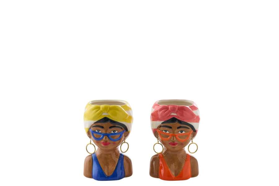 FLOWERPOT LADY STRIPED CERAMIC MULTICOLORED SMALL ASSORTMENT OF 2