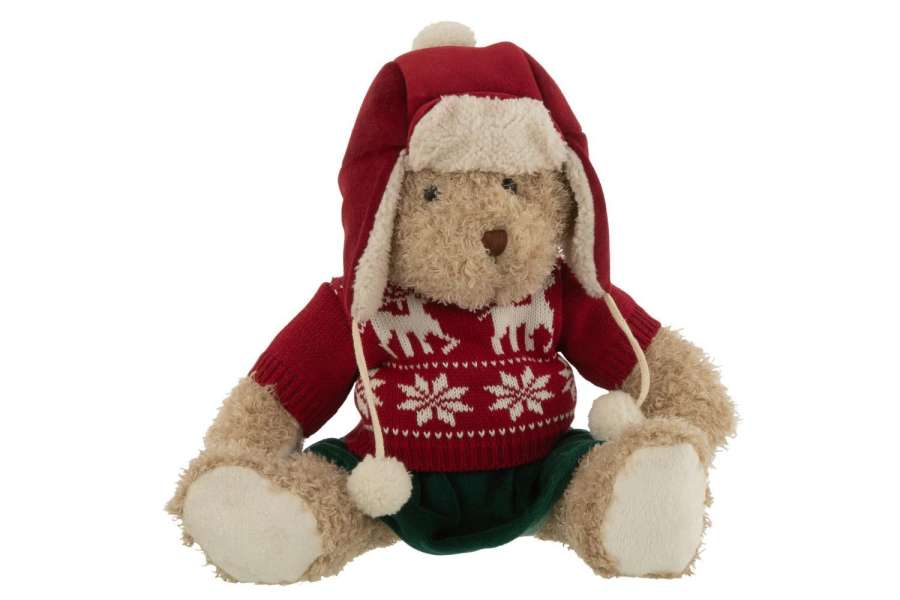 BEAR GIRL CHRISTMAS SWEATER+HAT TEXTILE BEIGE/RED LARGE