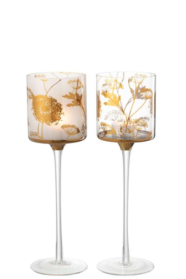 TEALICHT HOLDER ON FOOT GLASS CLEAR/MAT/GOLD LARGE ASSORTMENT OF 2