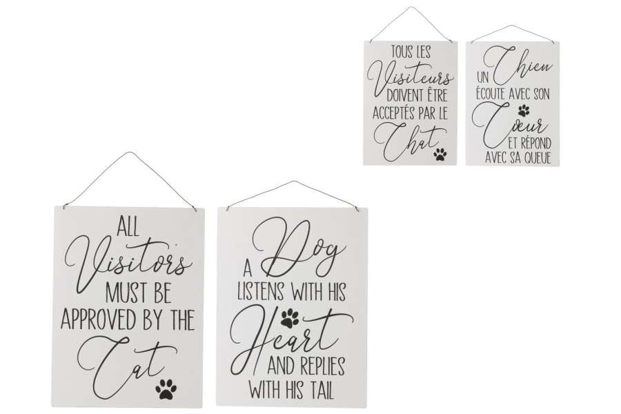 PLACARD TEXTS ENGLISH DOG CAT METAL WHITE/BLACK ASSORTMENT OF 2
