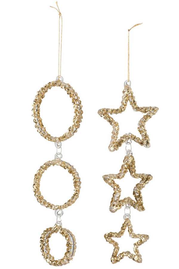 HANGER CIRCLE/STAR GLASS GLITTER GOLD ASSORTMENT OF 2