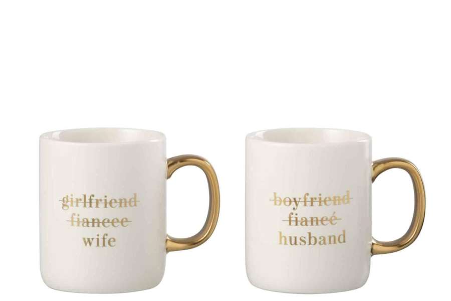 MUG MESSAGE MARIAGE ENGLISH PORCELAIN WHITE / GOLD ASSORTMENT OF 2
