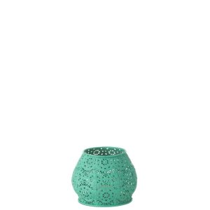TEALIGHT HOLDER CYLINDER METAL/GLASS CYAN SMALL