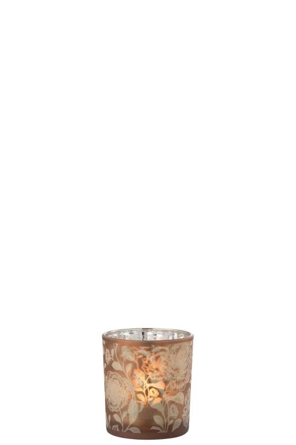TEALICHT HOLDER FLOWERS GLASS MAT BROWN/SILVER SMALL
