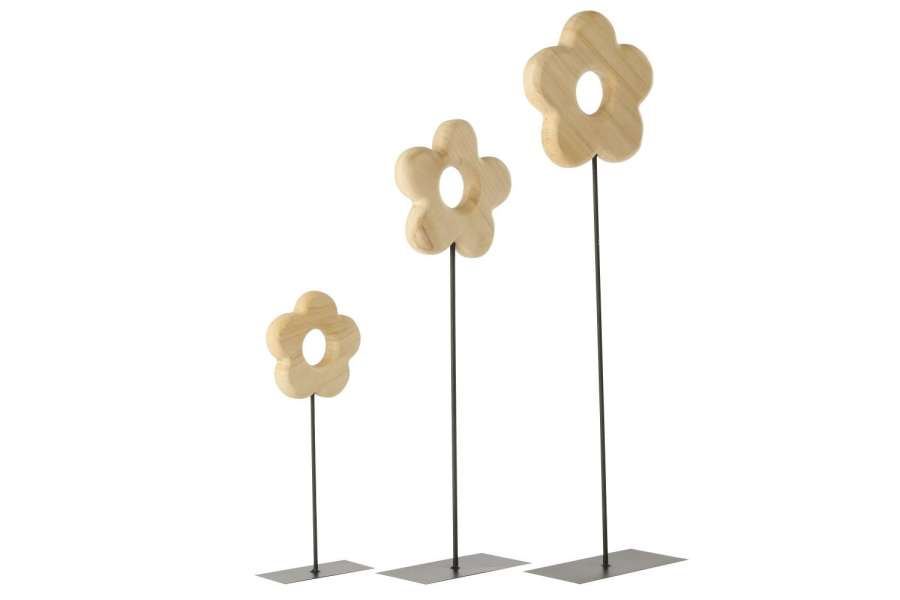 SET OF 3 FLOWER ON BASE PAULOWNIA WOOD NATURAL/BLACK