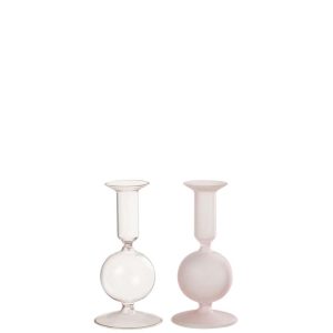 CANDLE HOLDER 1 ORB MATTE/TRANSPARENT GLASS LIGHT PINK ASSORTMENT OF 2