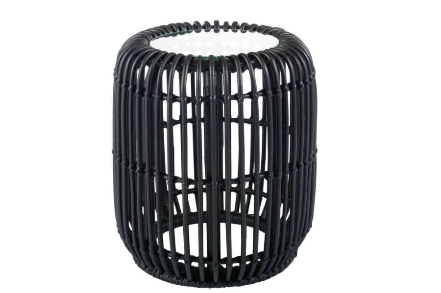 SIDE TABLE ROUND RATTAN/GLASS MAT BLACK