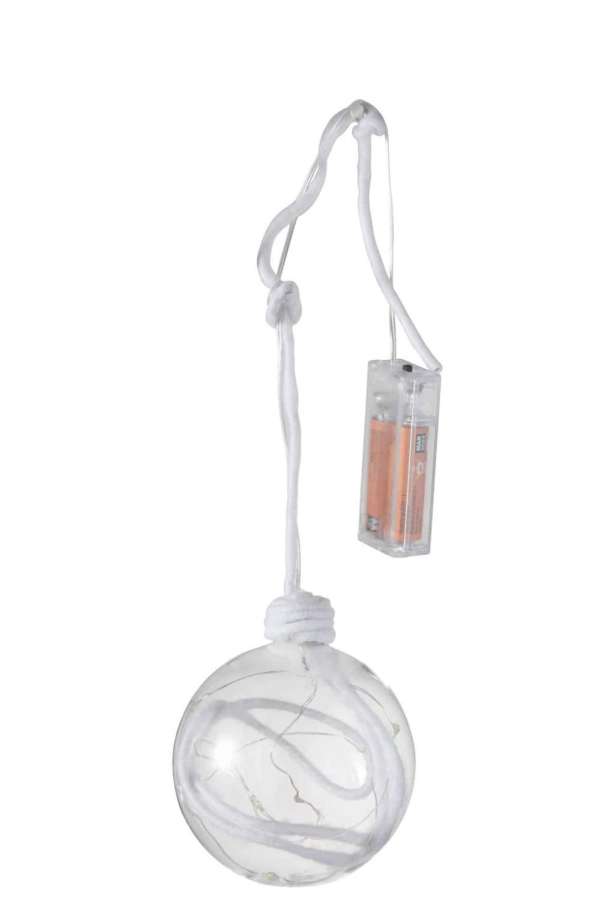 CHRISTMAS BAUBLE BALL+ROPE+LED GLASS CLEAR WHITE MEDIUM