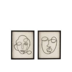 WALL DECO FACES METAL/WOOD BLACK/WHITE SMALL ASSORTMENT OF TWO