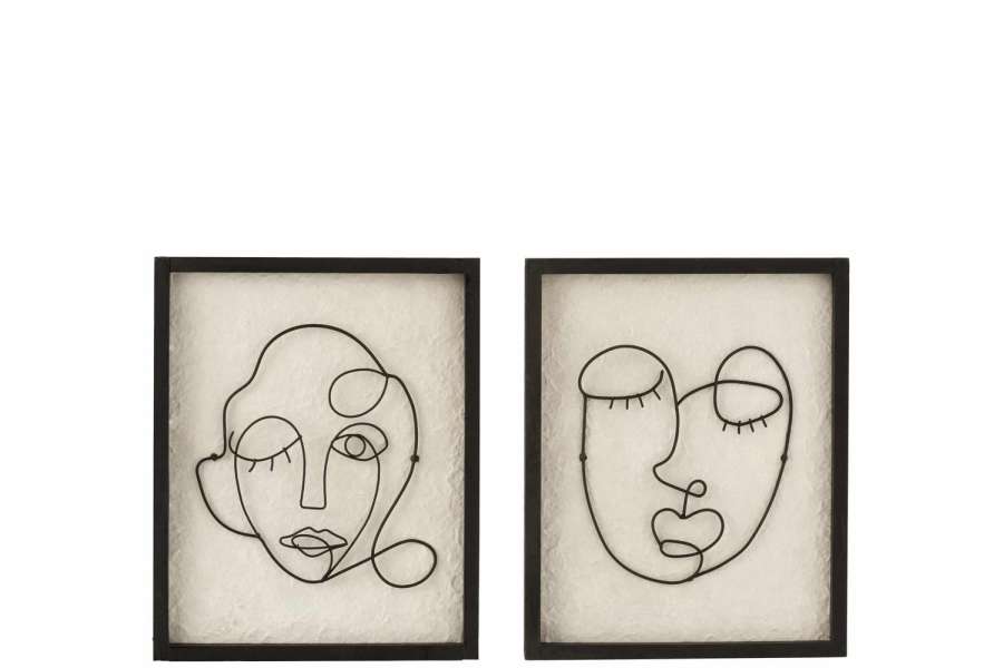 WALL DECO FACES METAL/WOOD BLACK/WHITE SMALL ASSORTMENT OF TWO