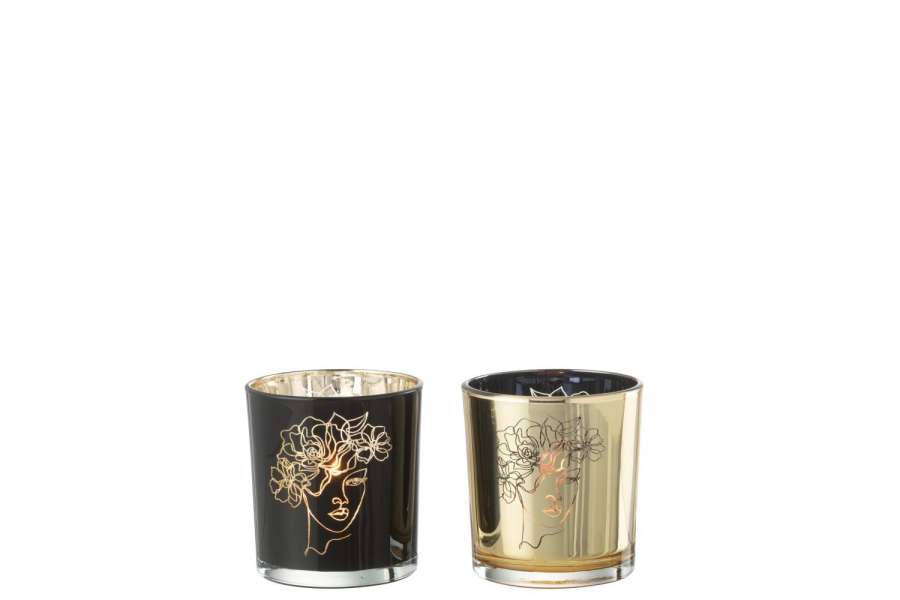 TEALICHT HOLDER LADY HAIR FLOWERS GLASS BLACK/GOLD SMALL ASSORTMENT OF 2