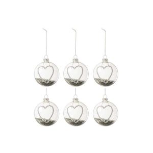 BOX OF 6 CHRISTMAS BAUBLES HEART STRASS SILVER STARS GLASS CLEAR SMALL