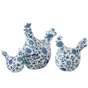 SET OF 3 ROOSTER PATTERNS POLYRESIN BLUE/WHITE