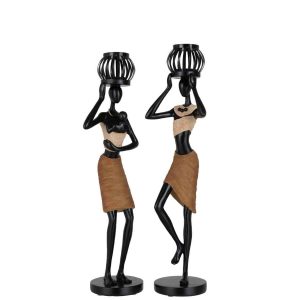 TEALIGHT HOLDER ON HEAD OF FIGURE ETHNIC POLY BROWN ASSORTMENT OF 2