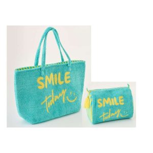 SET OF 2 BEACH BAG SMILE COTTON TURQUOISE/YELLOW