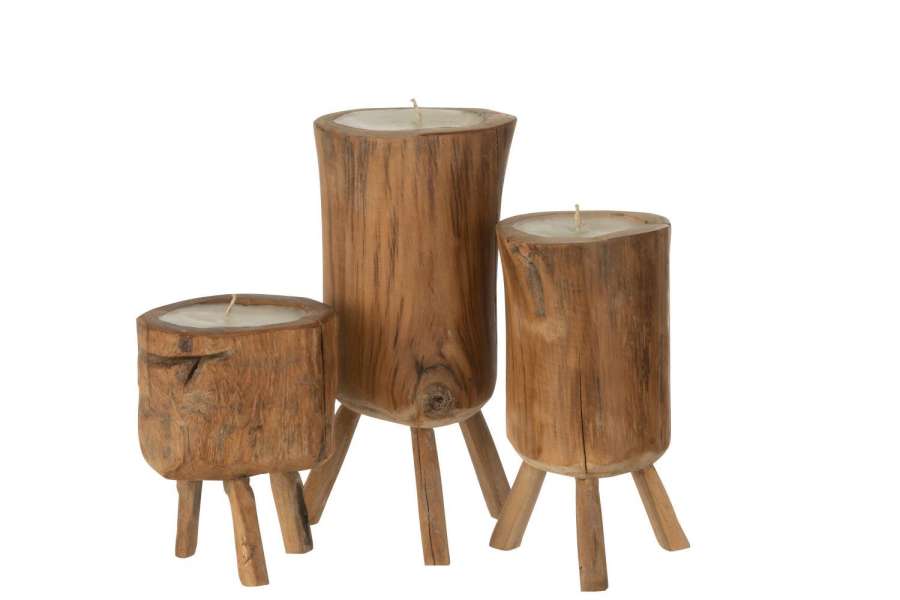 SET OF 3 CANDLES TRIPOD TEAK WOOD NATURAL