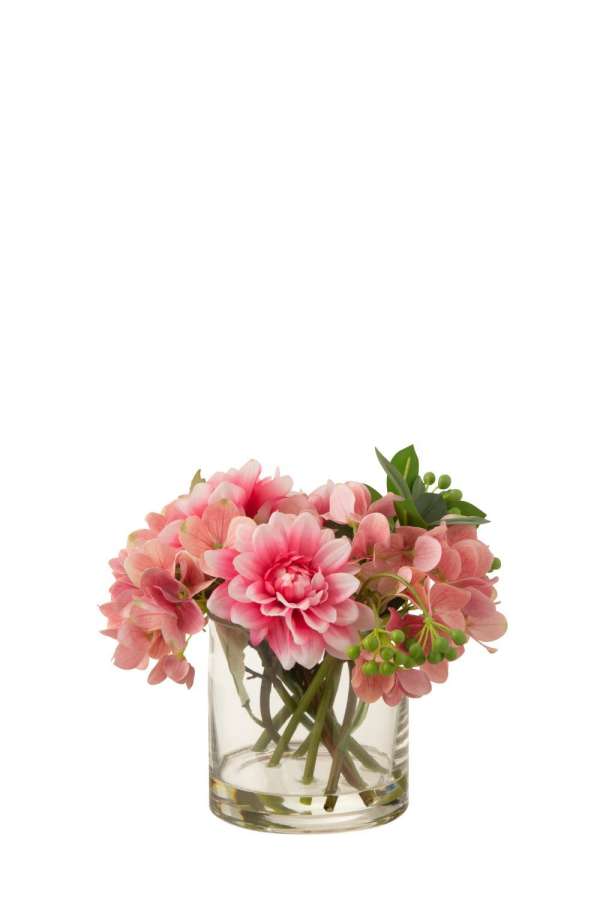 DAHLIA HYDRANGEA IN VASE PLASTIC/GLASS PINK