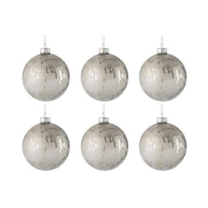 BOX OF 6 CHRISTMAS BAUBLE GLASS SHINING/MATTE ANTIQUE SILVER SMALL