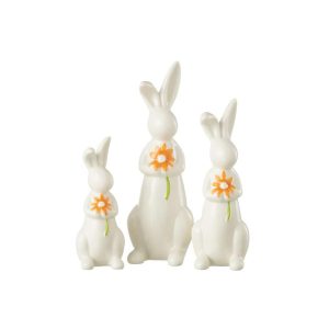 SET OF 3 RABBITS FLOWERS PORCELAIN ORANGE/WHITE