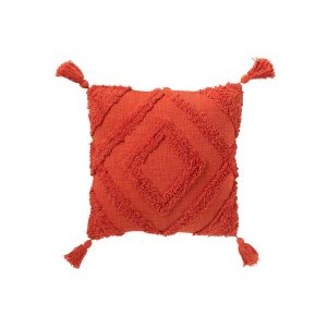 CUSHION TUFTED PATTERN+TASSELS COTTON BRICK RED