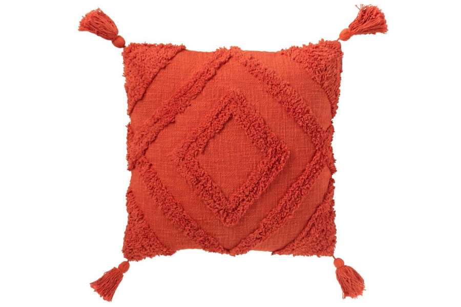 CUSHION TUFTED PATTERN+TASSELS COTTON BRICK RED