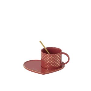 MUG+SAUCER+SPOON HEART CERAMIC RED