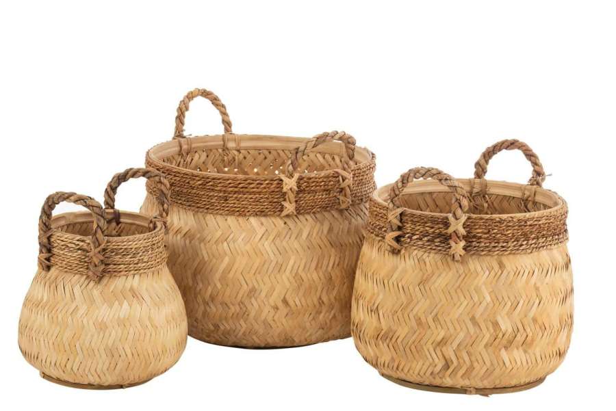 SET OF 3 BASKETS+HANDLE BALL BAMBOO+ROPE NATURAL SMALL