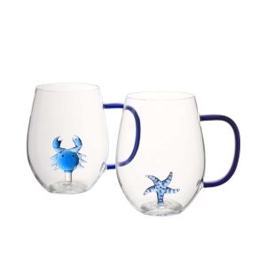 DRINKING GLASS STARFISH/CRAB WITH HANDLE GLASS BLUE/TRANSPARENT ASSORTMENT OF 2