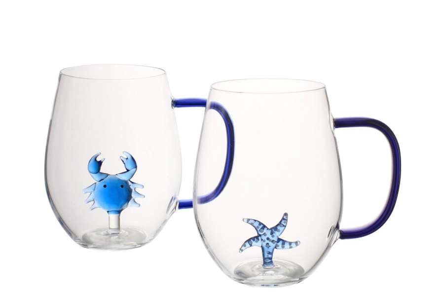 DRINKING GLASS STARFISH/CRAB WITH HANDLE GLASS BLUE/TRANSPARENT ASSORTMENT OF 2