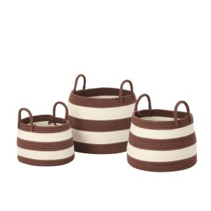 SET OF 3 BASKET WITH HANDLE ROUND STRIPED POLYESTER DARK BROWN/WHITE