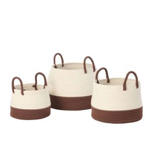 SET OF 3 BASKET WITH HANDLE ROUND POLYESTER DARK BROWN/WHITE