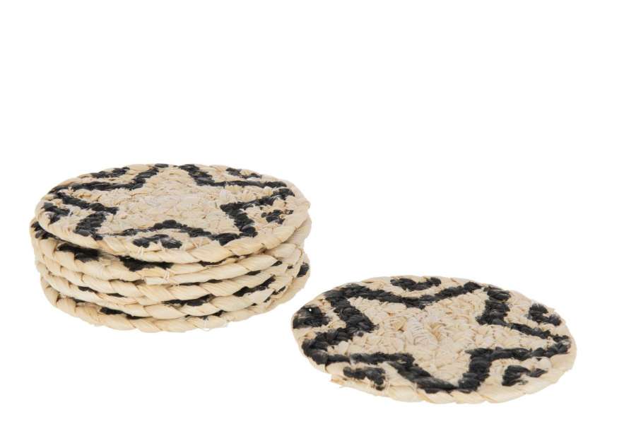 SET OF 6 COASTERS ROUND STAR CORNHUSK NATURAL/BLACK