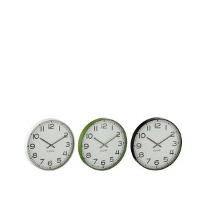 WALL CLOCK ROUND PLASTIC GREEN/WHITE/BLACK SMALL ASSORTMENT OF 3