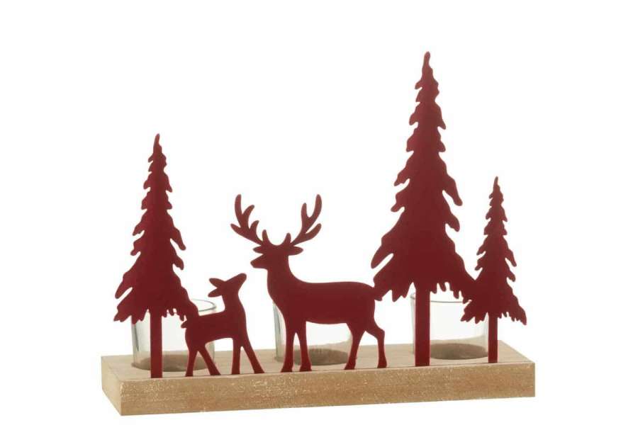 TEALIGHT HOLDER 3 REINDEER+CHRISTMAS TREE WOOD/METAL VELVET DARK RED