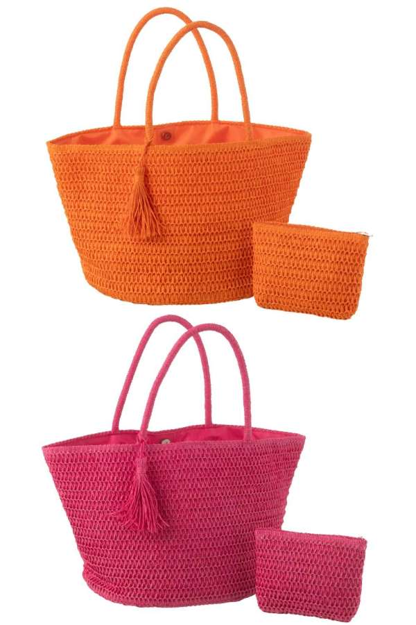 BEACH BAG+POUCH PAPER PINK/ORANGE ASSORTMENT OF 2
