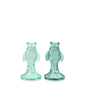 CANDLE HOLDER FISH GLASS LIGHT BLUE/TURQUOISE ASSORTMENT OF 2