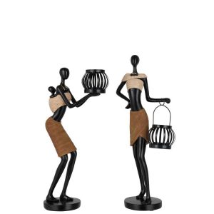 TEALIGHT HOLDER ON HEAD OF FIGURE ETHNIC POLY BROWN ASSORTMENT OF 2