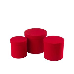SET OF 3 BOX ROUND VELVET PAPER RED