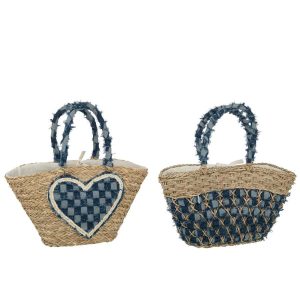 BEACH BAG HEART/PATTERN DENIM SEAGRASS NATURAL/BLUE ASSORTMENT OF 2