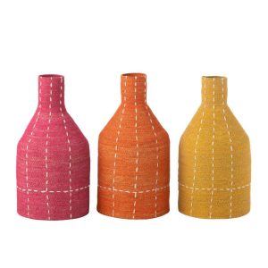 VASE BOTTLE DOTTED STRIPES SEAGRASS PINK/ORANGE/YELLOW ASSORTMENT OF 3