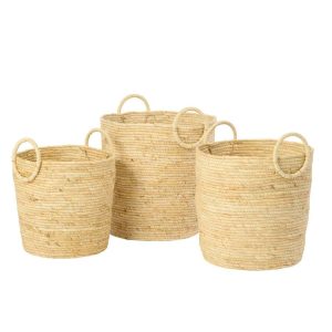 SET OF 3 BASKET WITH HANDLE ROUND MAIZE NATURAL
