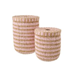 SET OF 2 BASKET WITH LID STRIPED RUSH NATURAL/LIGHT PINK